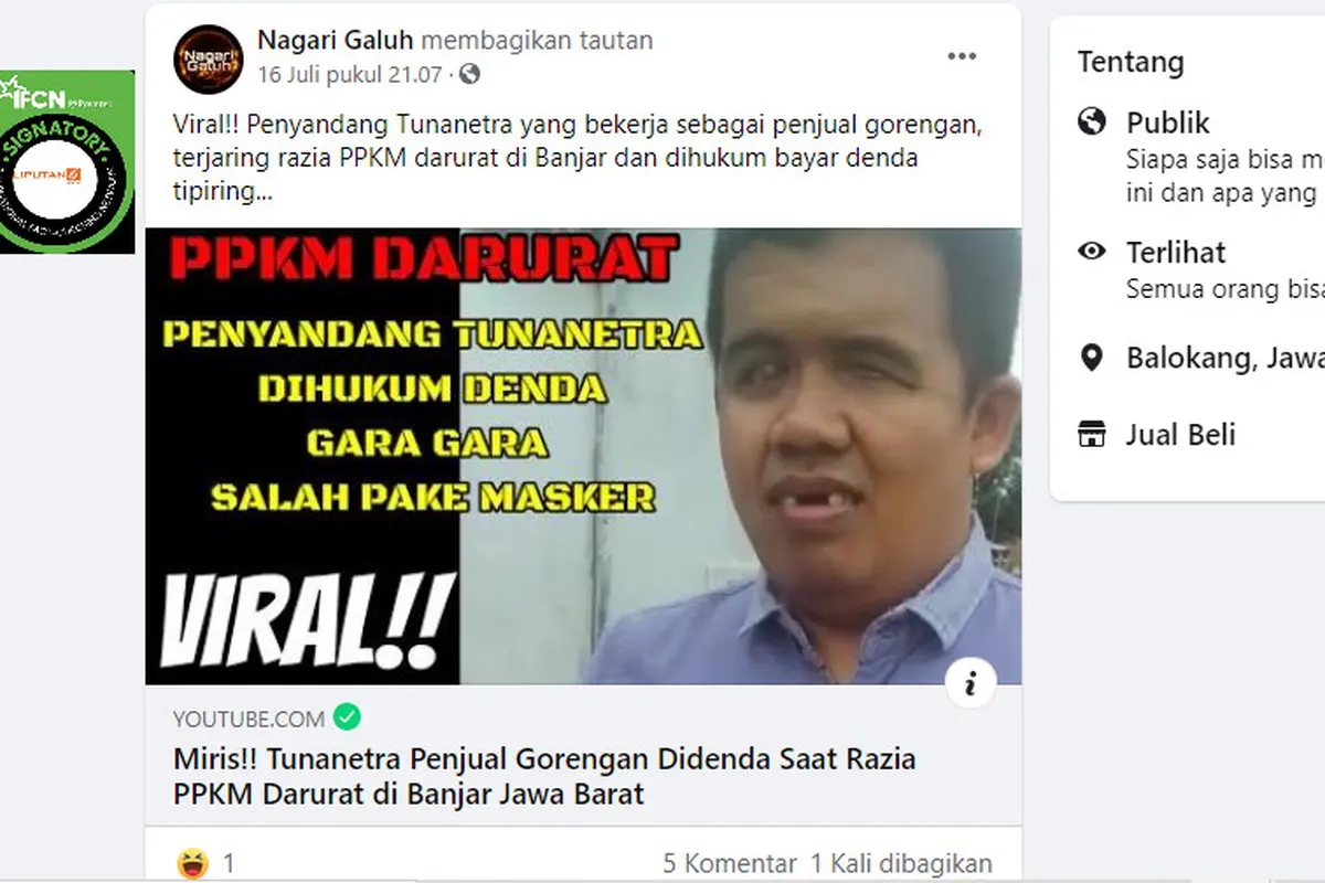 Cek Fakta Liputan6.com menelusuri klaim tunanetra didenda petugas karena salah megenakan masker