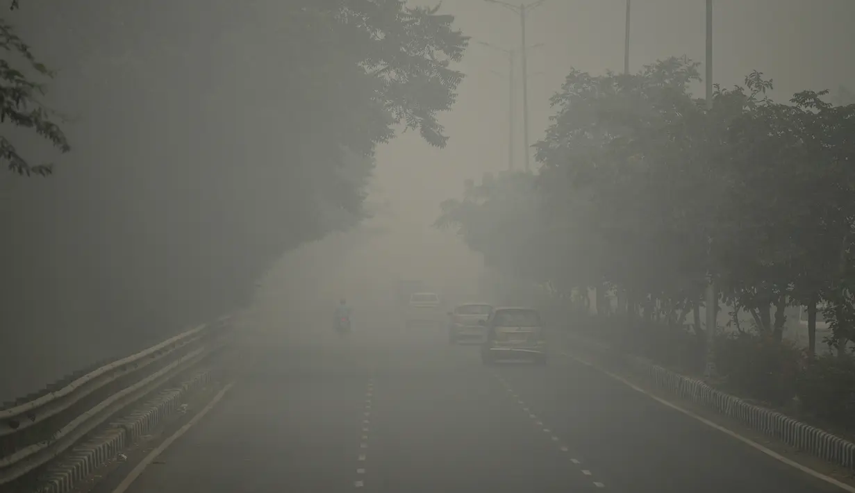 Kendaraan bermotor menembus kabut asap pekat yang menyelimuti jalan di New Delhi, Minggu (3/10/2019). Ibu Kota dari India tersebut sedang dilanda polusi udara yang sangat buruk sekaligus beracun pekan ini. (Photo by Sajjad  HUSSAIN / AFP)
