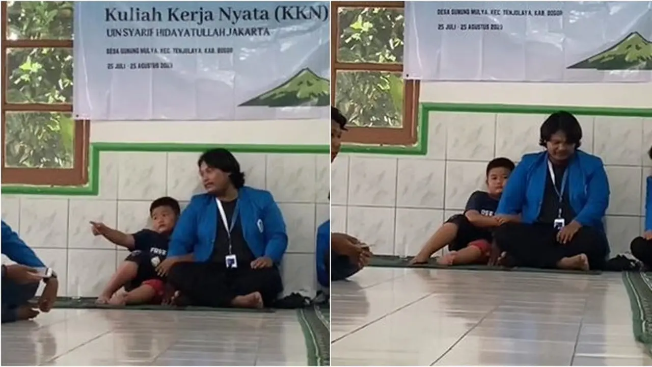 Momen Akrab Bocah dengan Mahasiswa KKN yang Baru Sehari Kenal, Lengket Banget