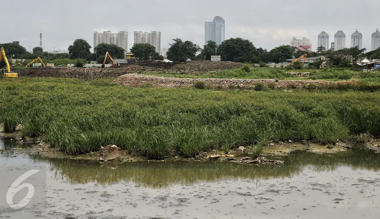 Alat berat dikerahkan untuk mengeruk endapan lumpur Waduk Pluit yang menyusut debit airnya di Jakarta, Kamis (18/2). Jika dibiarkan maka Waduk Pluit tidak dapat menampung volume air yang banyak. (Liputan6.com/Faizal Fanani)