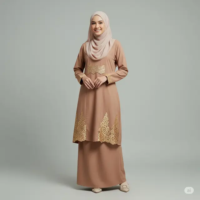 Model Gamis Kombinasi Brukat dan Katun Terkini