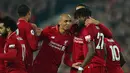 Perayaan gol Divock Origi pada menit ke-66 pada laga lanjutan Premier League yang berlangsung di stadion Anfield, Liverpool, Kamis (28/2). Liverpool menang 5-0 atas Watford. (AFP/Anthony Devlin)