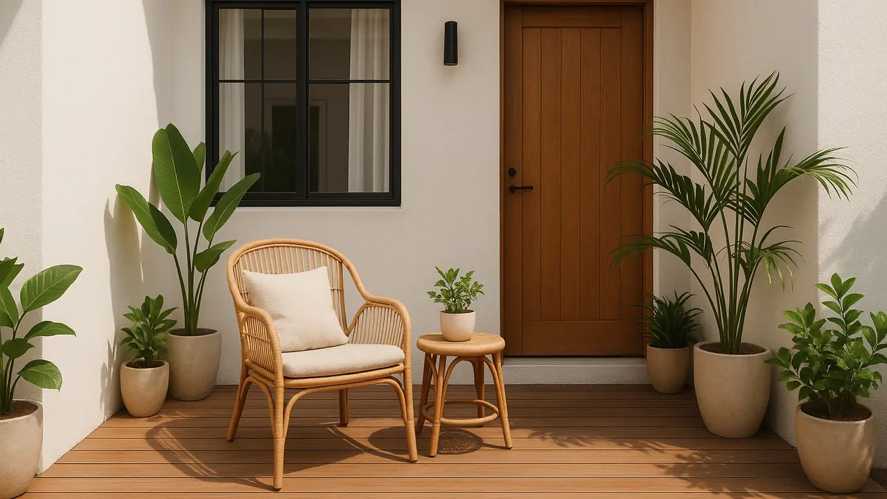 teras tropis minimalis lahan sempit depan rumah