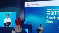 Presiden Joko Widodo (Jokowi) dalam acara pembukaan BUMN Startup Day di ICE BSD, Kabupaten Tangerang, Banten, Senin (26/9/2022). Jokowi memberi bocoran, konflik perang yang terjadi di beberapa negara belum akan segera berakhir.