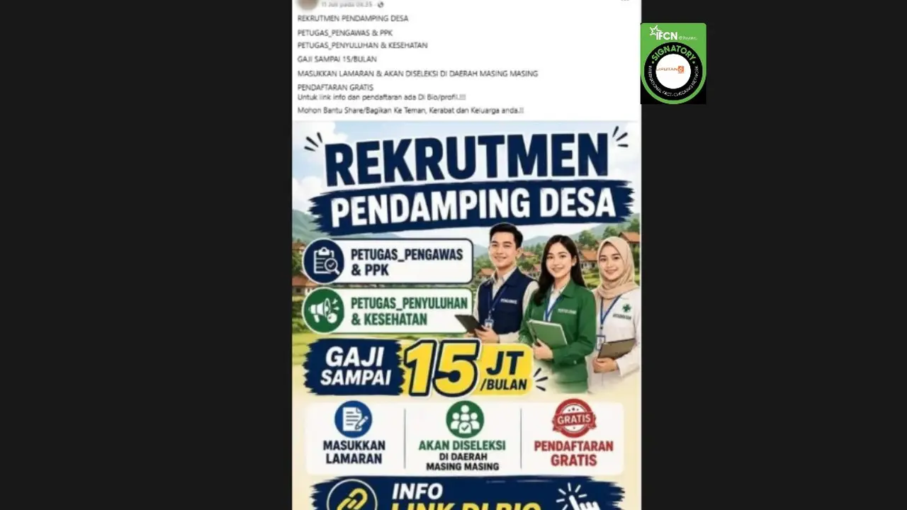 Cek Fakta Liputan6.com mendapati klaim link pendaftaran rekrutmen Pendamping Desa dengan gaji Rp 15 juta per bulan.
