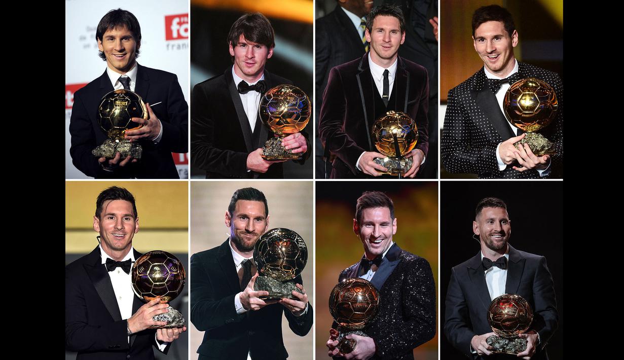 Termasuk trofi Ballon d'Or yang baru saja diraihnya pada edisi terbaru 2023, Lionel Messi total telah mengoleksi 8 penghargaan Ballon d'Or sepanjang kariernya. Rinciannya adalah 7 gelar diraihnya bersama Barcelona, sementara gelar ke-8 diraih saat dirinya telah berseragam Inter Miami atas pencapaiannya bersama PSG plus keberhasilannya menjuarai Piala Dunia 2022 bersama Timnas Argentina. Tentunya menarik untuk mencermati metamorfosa wajah La Pulga dalam 8 edisi Ballon d'Or yang berhasil dimenanginya. Seperti apa ya? Simak momen-momennya berikut ini. (Kolase Foto AFP)