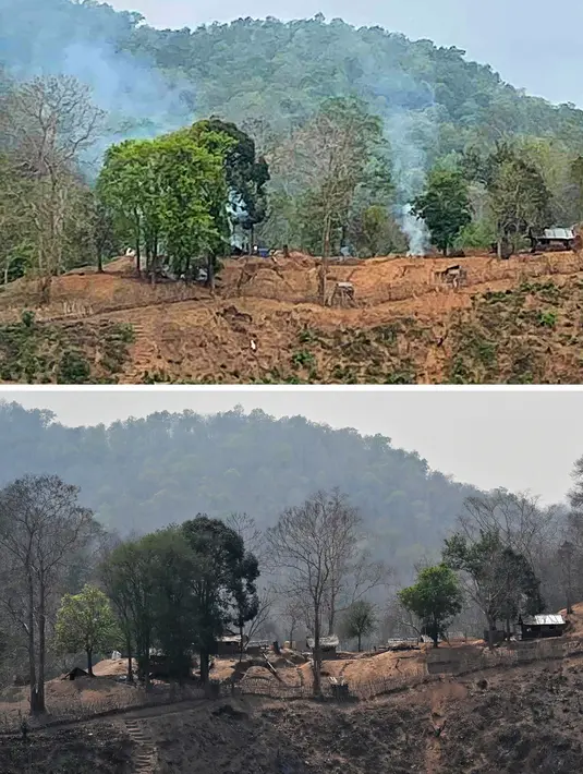 Foto kombinasi menunjukkan pangkalan militer Myanmar terbakar usai diserang pemberontak etnis Karen di tepi Sungai Salween terlihat dari Mae Sam Laep, Mae Hong Son, Thailand, 27 April 2021 (atas) dan pangkalan yang sama pada 31 Maret 2021 (bawah). (Handout, Lillian SUWANRUMPHA/AFP/KAWTHOOLEI TODAY)
