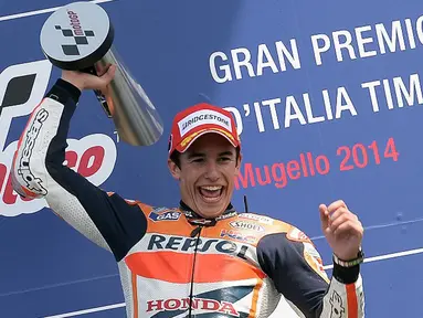 Pembalap Honda MotoGP, Marc Marquez kembali meraih hasil sempurna di Sirkuit Mugello, Italia, (1/6/2014). (AFP PHOTO/Filippo Monteforte)
