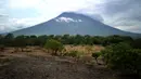 Pemandangan Gunung Agung terlihat dari kecamatan Kubu di Kabupaten Karangasem, Bali, Rabu (22/11). Pasca meletus, Gunung Agung terus mengeluarkan asap kawah bertekanan lemah hingga sedang berwarna putih dan kelabu. (SONNY TUMBELAKA/AFP)