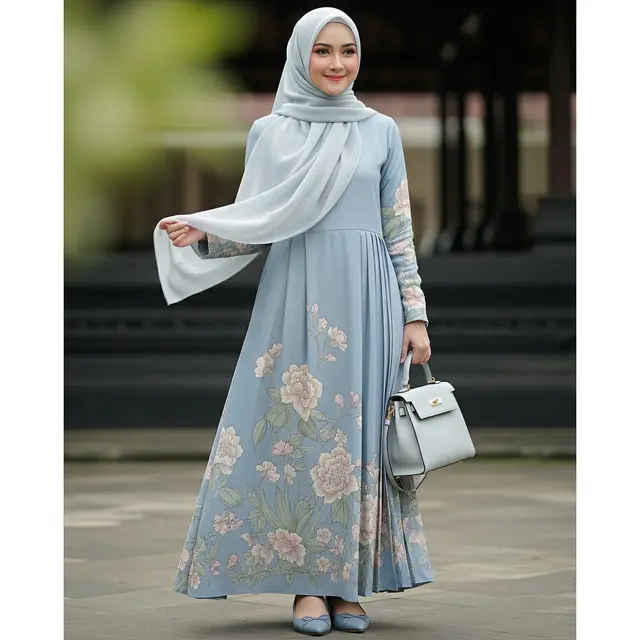 Gamis Pleated Floral Powder Blue