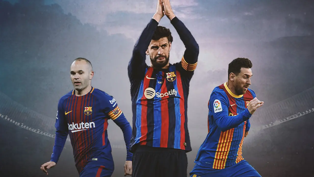 Ilustrasi - Gerard Pique, Andres Iniesta, dan Lionel Messi ddengan Jersey Barcelona