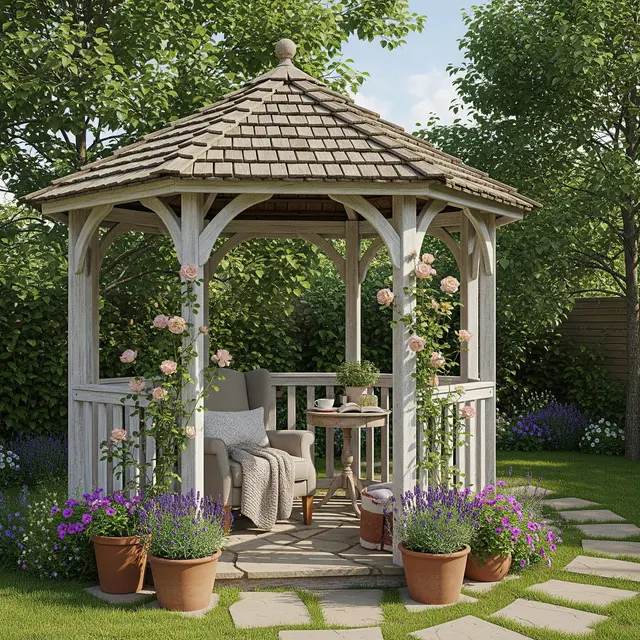 Desain Halaman Belakang Rumah Kecil dengan Gazebo Mini  (Image by Gemini)