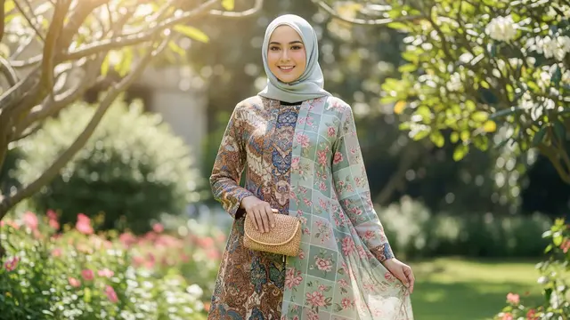 Gamis Batik Kombinasi Tile Polos