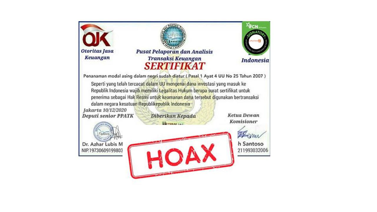 Cek Fakta PPATK keluarkan sertifikat
