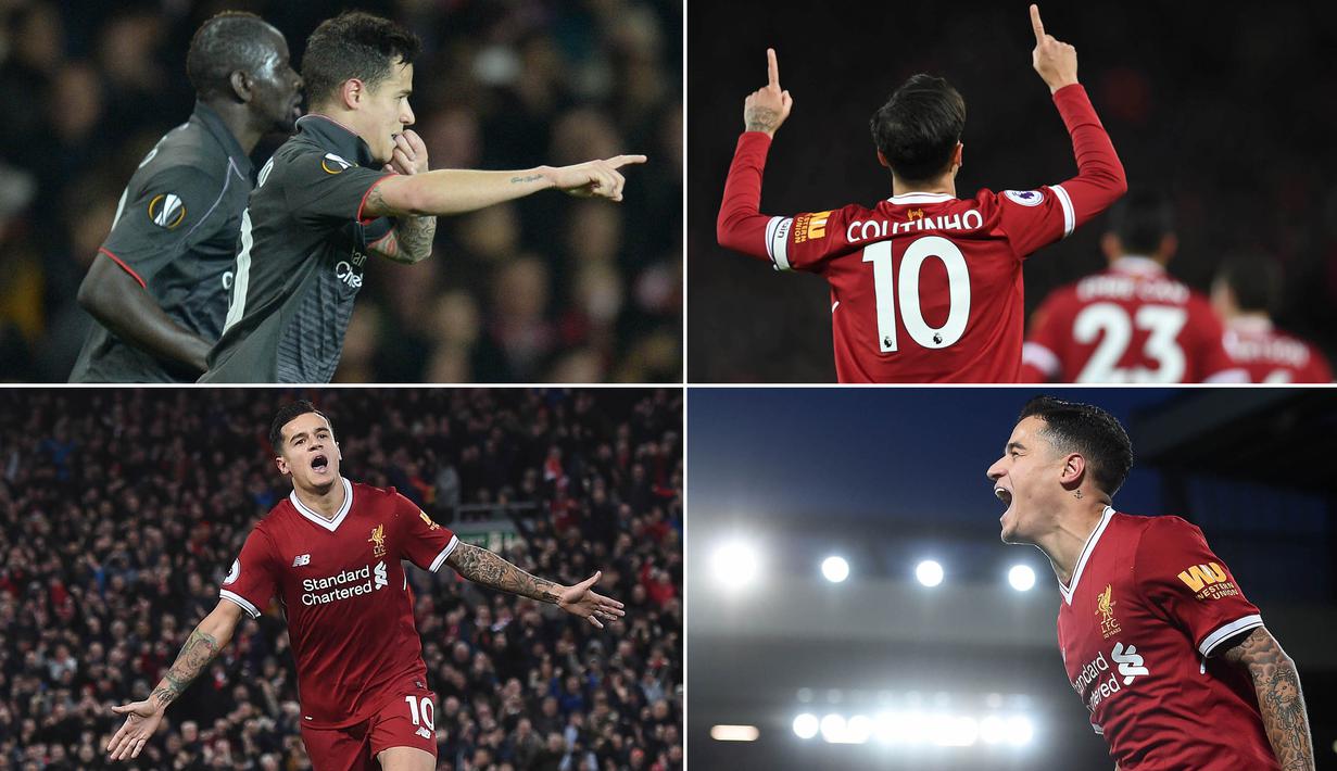 Berikut ini beragam selebrasi menarik Philippe Coutinho bersama Liverpool. Gelandang asal Brasil ini telah resmi pindah ke Barcelona dengan nilai transfer 142 juta poundsterling. (Kolase foto-foto dari AFP)