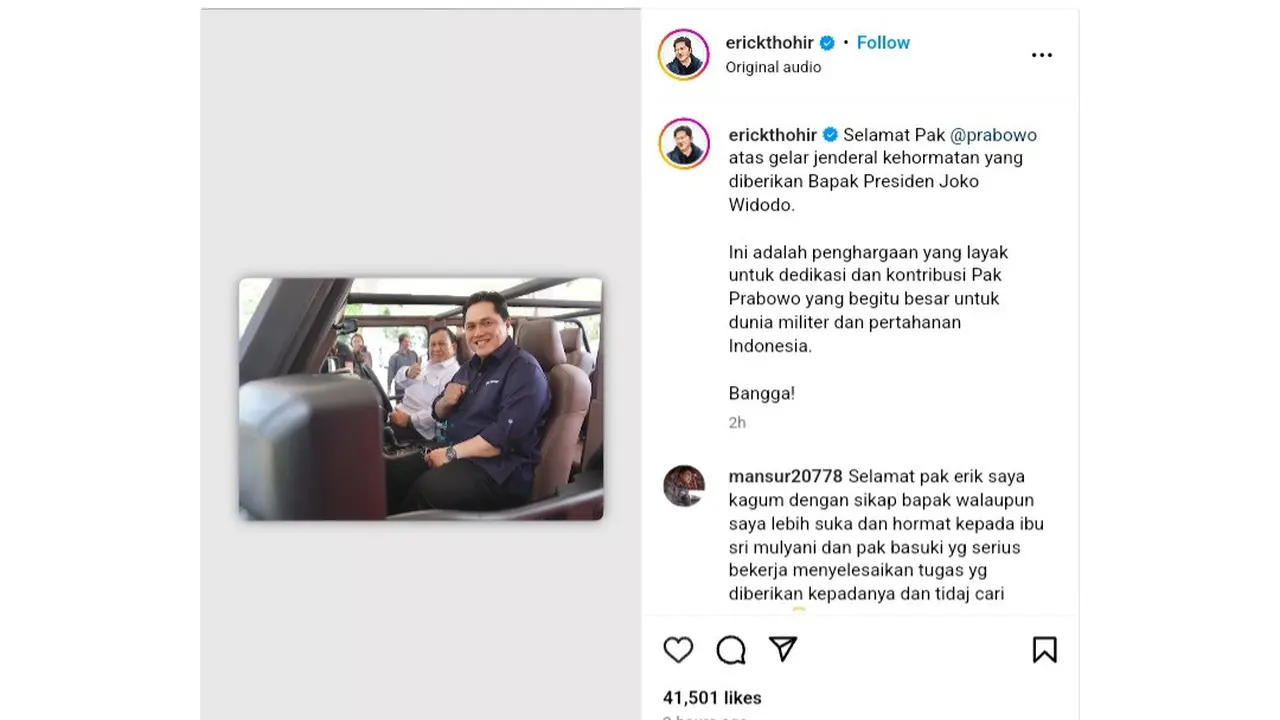 Menteri BUMN Erick Thohir nampak mengunggah momen bersama Menteri Pertahanan Prabowo Subianto.