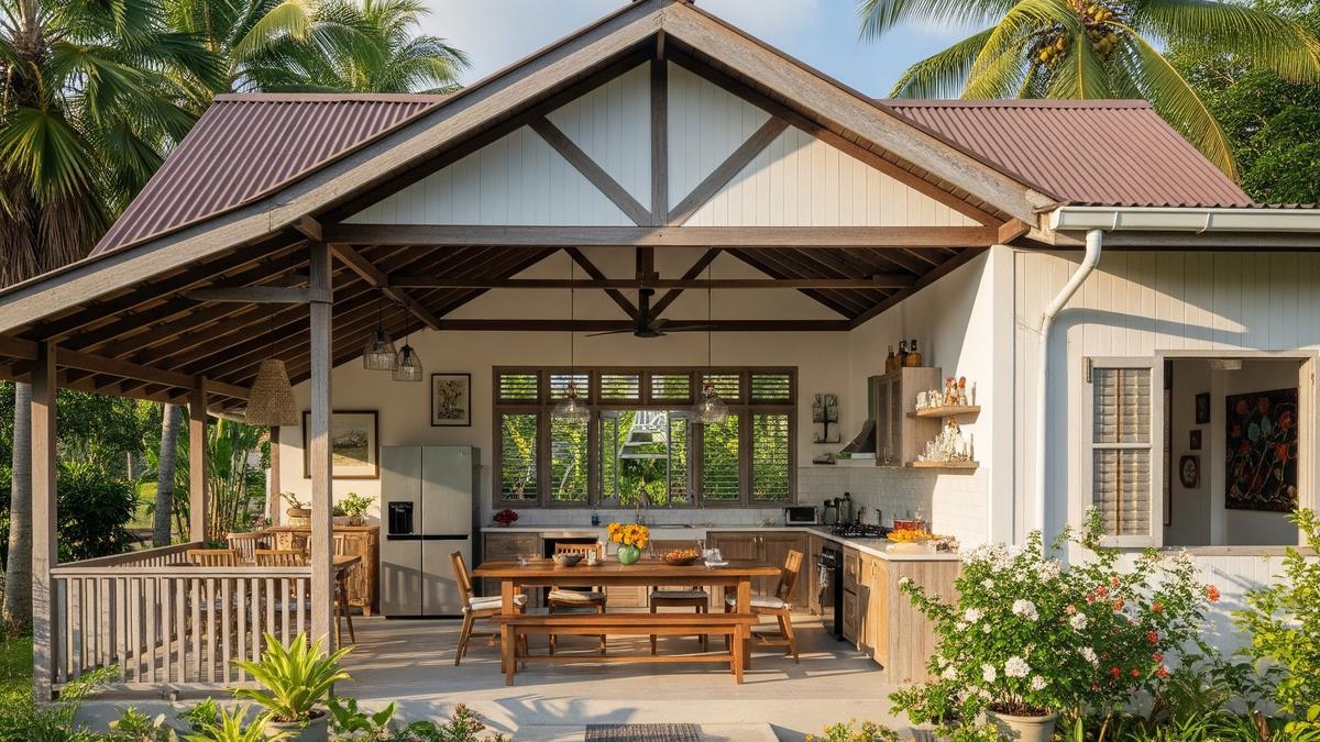 7 Desain Rumah Kampung 1 Lantai dengan Dapur Luas di Belakang Rumah dan Area Makan Semi Terbuka