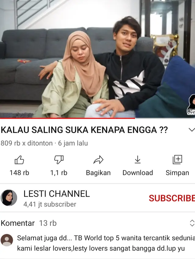 Unggahan Lesti Kejora. (Foto: YouTube Lesti Channel)