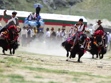 Penduduk desa dari Wilayah Quxu memamerkan keterampilan menunggang kuda dalam perayaan Festival Ongkor di Lhasa, Daerah Otonom Tibet, China (6/8/2020). Festival Ongkor atau Panen Raya, sebuah warisan budaya takbenda nasional. (Xinhua/Soinam Norbu)