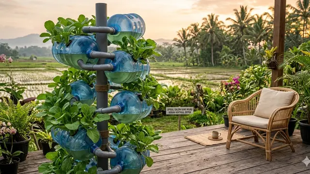 Ide Kebun Vertikal dari Galon Air Mineral Bekas. AI