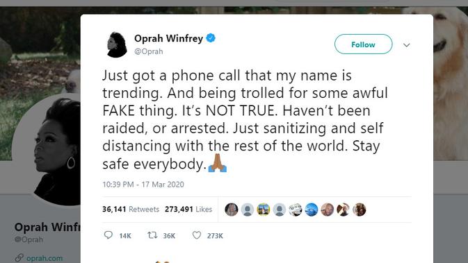Cuitan Oprah di akun Twitternya, membantah soal hoaks penahannya (Twitter)