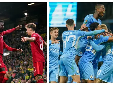 Dua tim papan atas Premier League, Liverpool dan Manchester City sama-sama memetik kemenangan besar atas lawan-lawannya di babak ketiga Piala Liga Inggris, Selasa (21/9/2021). Liverpool menang 3-0 atas Norwich, sementara City melumat Wycombe Wanderers 6-1. (Kolase AP)