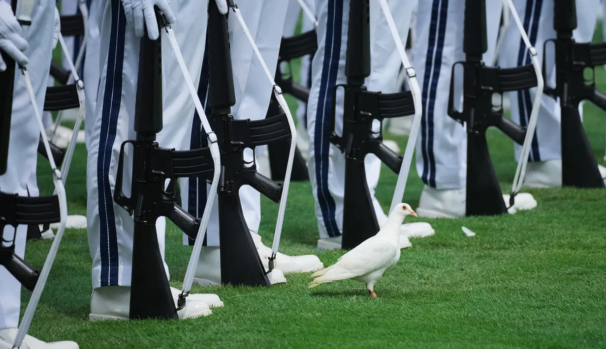 Seekor burung merpati berada di dekat lokasi saat pasukan kehormatan berdiri dalam sikap sempurna dalam upacara pengibaran bendera untuk memperingati HUT ke-81 kemerdekaan negara tersebut di Istana Merdeka, Jakarta, Indonesia, Senin, 17 Agustus 2026. (Foto AP/Tatan Syuflana)