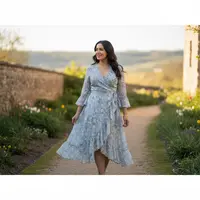 Wanita dengan dress detail lembut (Ruffles & Wrap Dress)./copyright generated by AI/Gemini