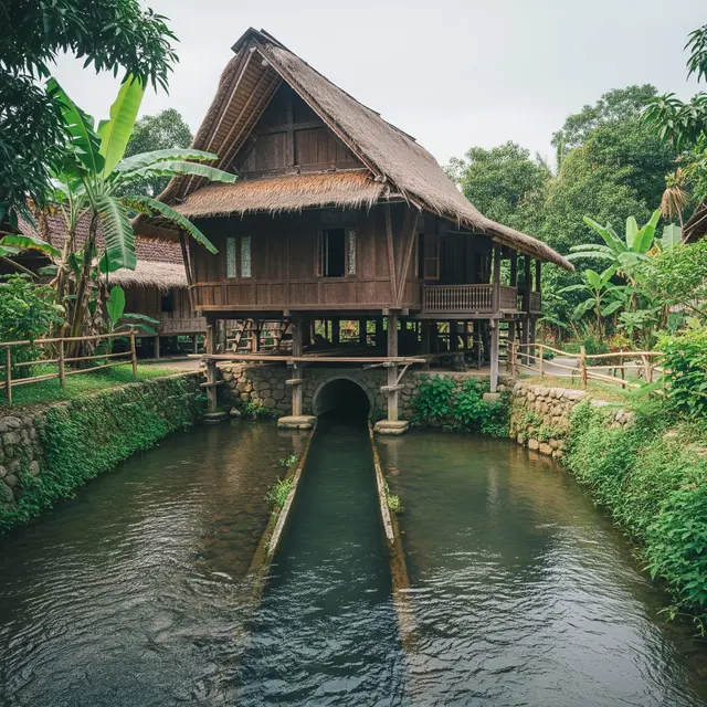 Contoh Rumah Sederhana di Desa dengan Suara Gemericik Air yang Menenangkan (Image by Gemini AI)