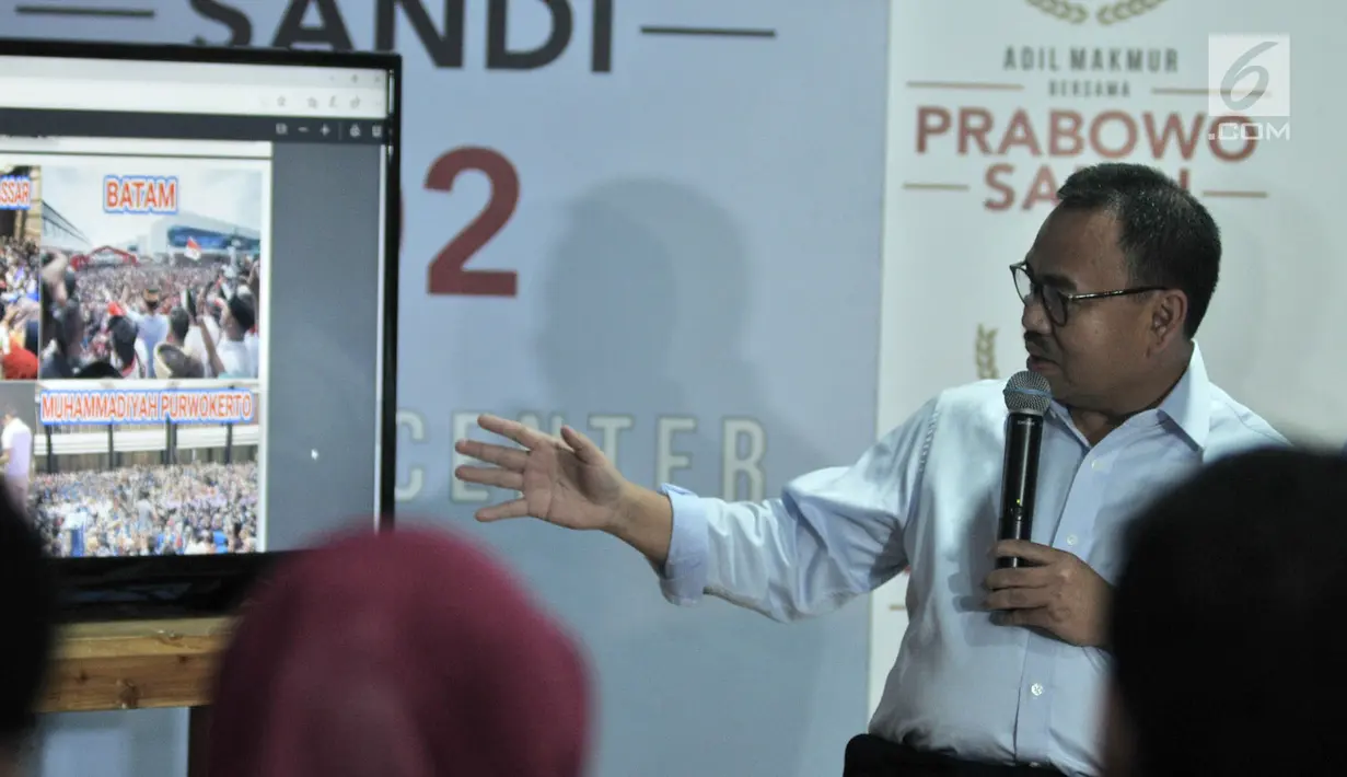 Direktur Materi dan Debat Badan Pemenangan Nasioanal (BPN) Sudirman Said memaparkan penerimaan dan pengeluaran dana kampanye Prabowo-Sandiaga di Jakarta, Rabu (28/11). Prabowo-Sandiaga hingga saat ini tercatat Rp 41,9 miliar. (merdeka.com/Iqbal S Nugroho)