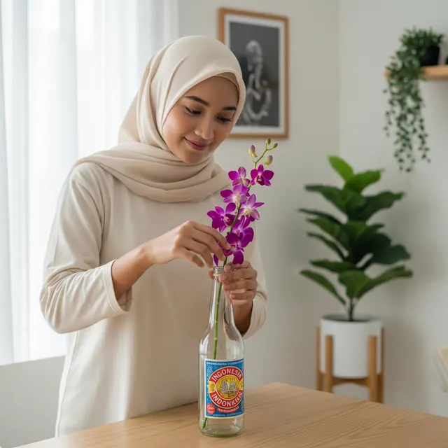 Wadah sirup dijadikan vas bunga (Gemini AI)