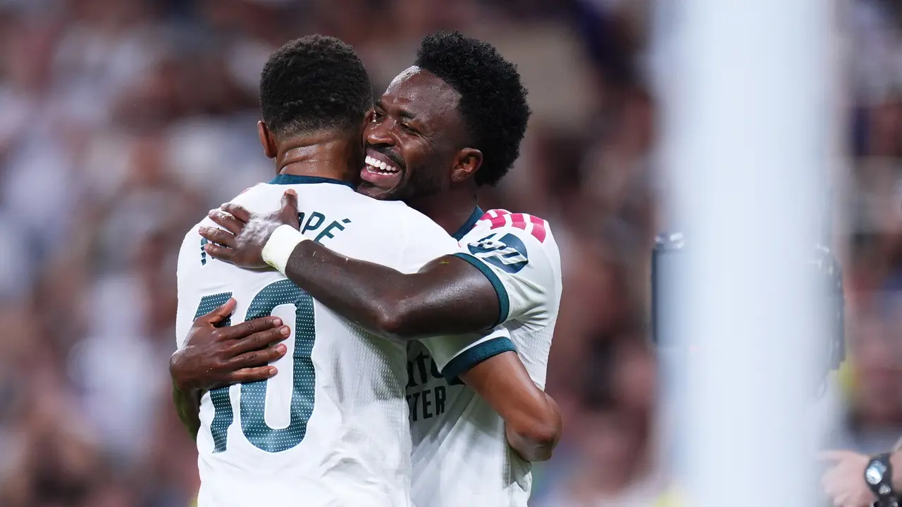 Pemain Real Madrid Kylian Mbappe dan Vinicius Junior