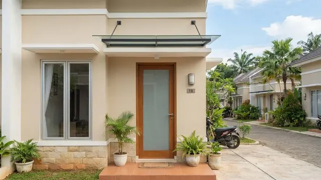 Ide kanopi rumah mungil yang tidak membuat tampilan fasad terasa penuh model kanopi kecil di atas pintu masuk.