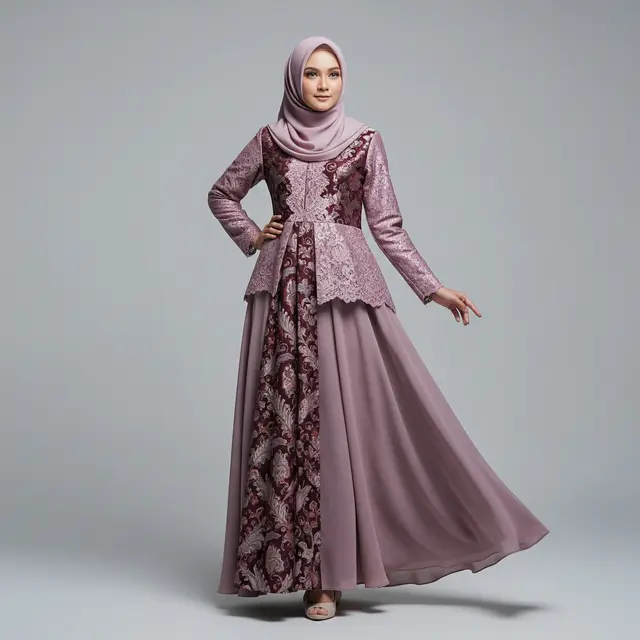 Model Gamis Batik Brokat Dusty Lilac