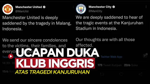 Berita video TikTok Bola kali ini tentang klub-klub Liga Inggris (Premier League), seperti dari MU, Man City, hingga Liverpool, yang mengungkapkan duka cita atas tragedi yang terjadi di Stadion Kanjuruhan, Kabupaten Malang.