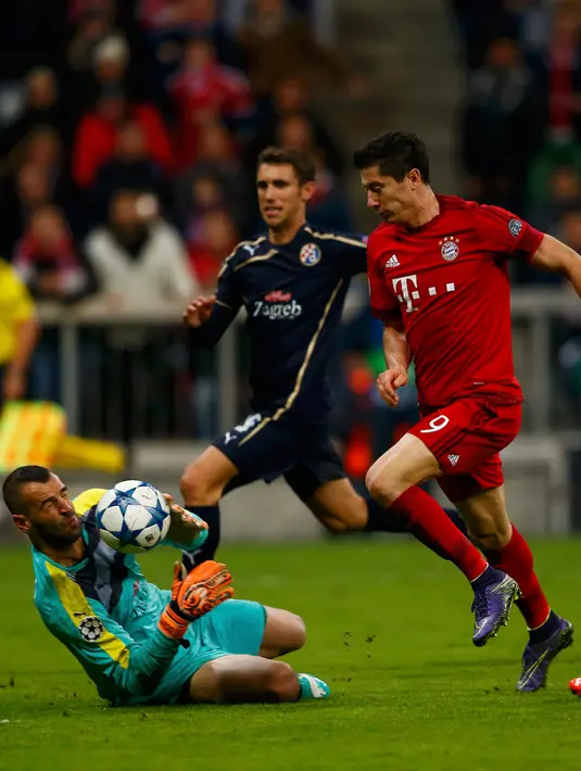 Kiper Dinamo Zegreb, Eduardo berusaha menghalau bola tendangan penyerang Robert Lewandowski pada laga Liga Champions di Allianz Arena, Jerman (30/9/2015). Muenchen menang telak atas Dinamo Zegreb dengan skor 5-0. (REUTERS/Michael Dalder)