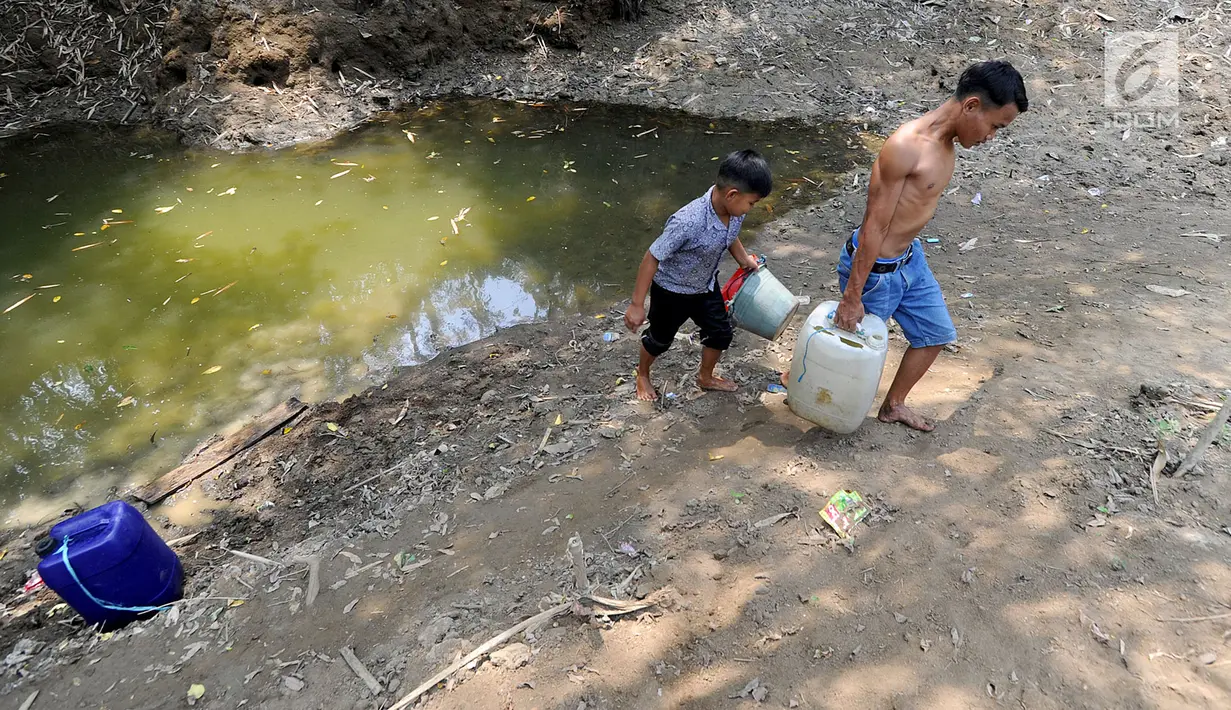 Dua anak Kampung Gamblok mengambil sisa air Kali Cihoe, Desa Ridomanah, Bekasi, Jawa Barat, Kamis (15/8/2019). Warga memanfaatkan sisa air Kali Cihoe untuk diminum setelah sebelumnya diendapkan semalaman. (merdeka.com/Arie Basuki)