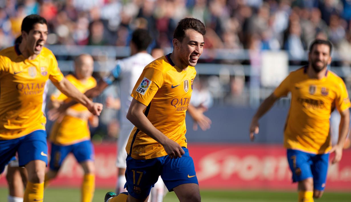 Ekspresi Munir El Haddadi setelah mencetak gol pertama Barcelona di menit ke-2 ke gawang Malaga dalam laga La Liga Spanyol di Stadion La Rosaleda, Malaga, Sabtu (23/1/2016). Barcelona menang 2-1. (AFP/Jorge Guerrero)