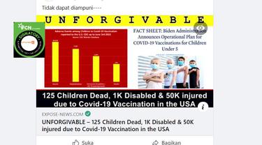 Tangkapan layar  klaim vaksin Covid-19 membuat 125 anak di AS meninggal dunia dan 50 ribu terluka