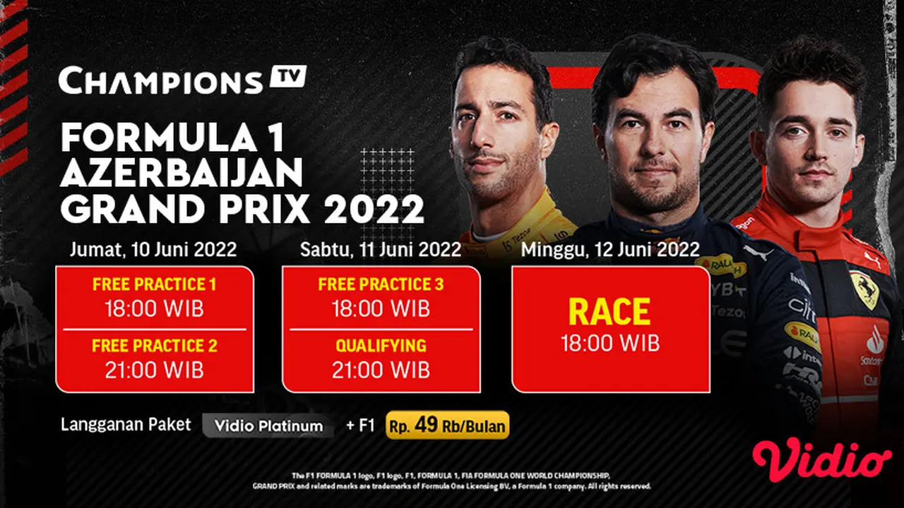Nonton Siaran Langsung F1 GP Azerbaijan 2022 Ekslusif di Vidio 11-12 Juni
