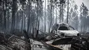 Sebuah mobil yang terbakar oleh kebakaran hutan di Saumos, pinggiran barat Bordeaux, barat daya Prancis (13/9/2022). Kebakaran yang berlangsung sejak 12 September 2022 telah menyebar sekitar 1800 hektar vegetasi dan hutan di Saumos dan memaksa evakuasi kota dalam konteks suhu tinggi di Gironde. (AFP/Philippe Lopez)