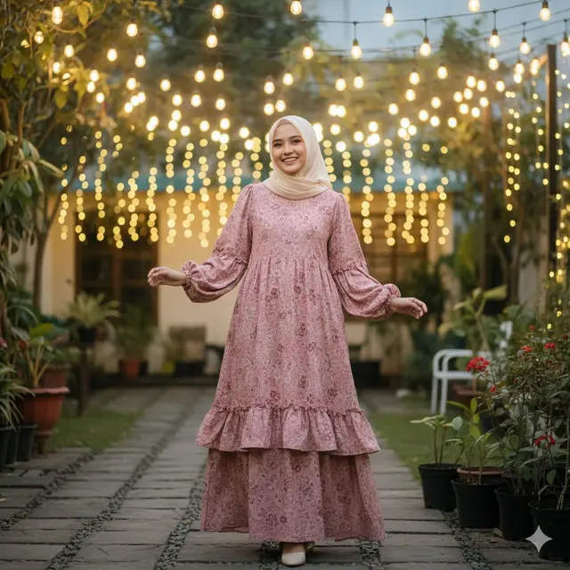 Gamis Batik Lengan Balon  Dusty Pink