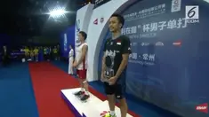 Anthony Sinisuka Ginting meriah gelar juara China Open 2018 yang digelar di Olympic Sports Center Xincheng Gymnasium, Changzou, Minggu (23/9/2018)