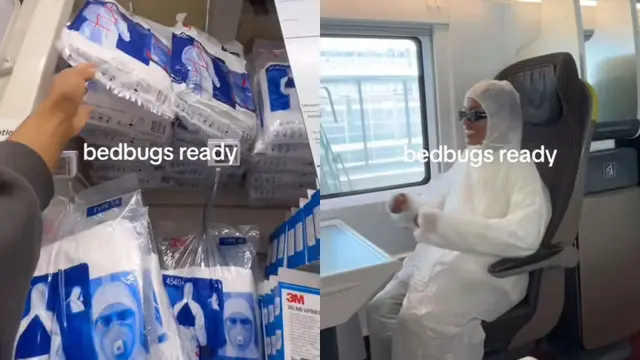 Penumpang yang ketakutan memakai baju hazmat di pesawat akibat wabah kutu busuk.