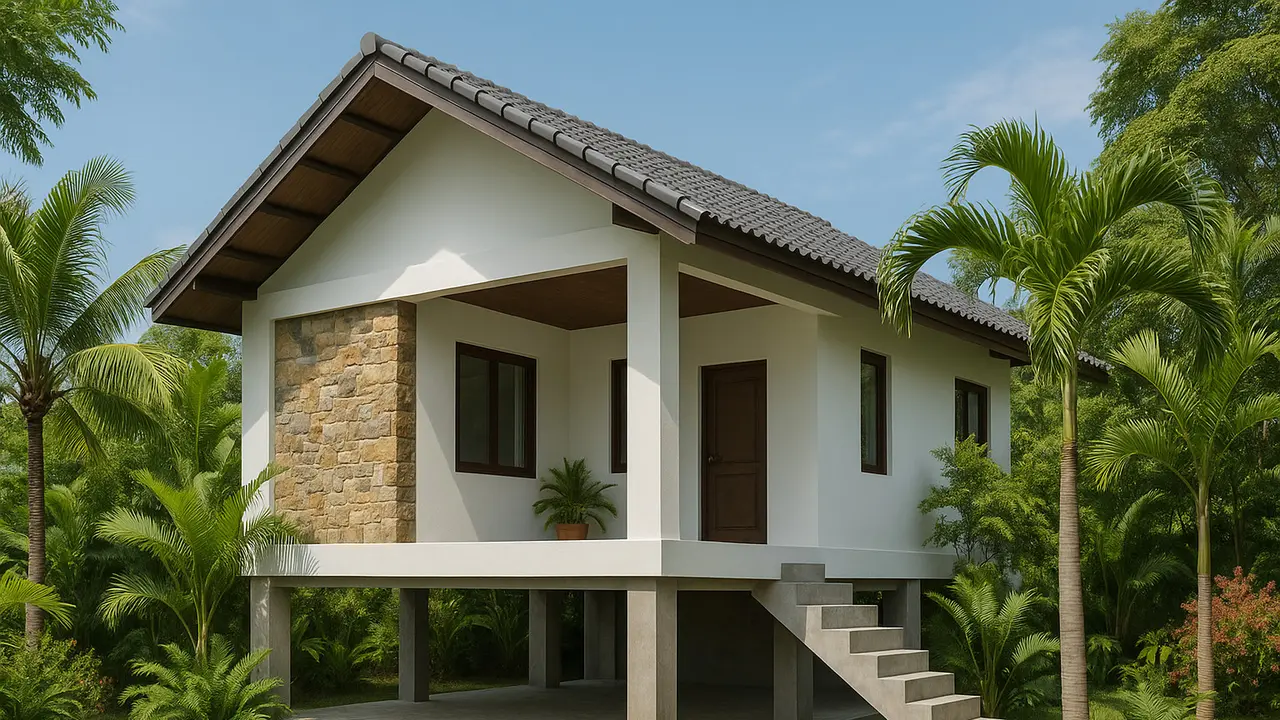 Rumah Sederhana dengan Pondasi Tinggi yang Asri (Foto: ChatGPT)