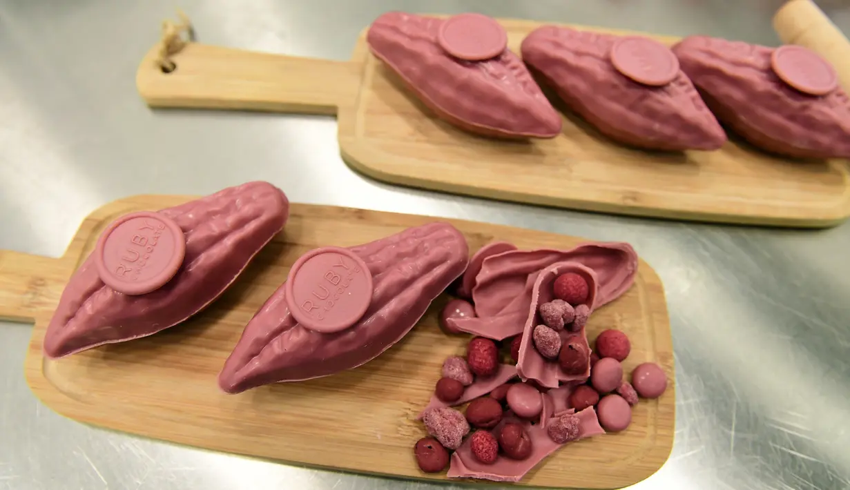 Cokelat berwana pink tanpa pewarna buatan bernama cokelat Ruby ketika diperkenalkan ke publik di pabrik Barry Callebaut, Belgia, Senin (18/9). Kita dapat mencoba cokelat ini dalam kurun waktu 6 hingga 18 bulan ke depan. ( EMMANUEL DUNAND/AFP)