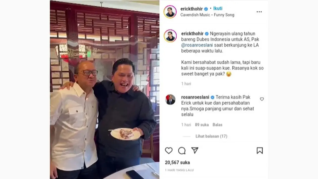 Menteri Badan Usaha Milik Negara (BUMN) Erick Thohir mengunggah momen cukup unik. Ia suap-suapan dengan Duta Besar Indonesia untuk Amerika Serikan Rosan Roeslani.