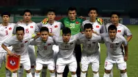 Timnas Vietnam U-23 sebelum melawan Suriah di perempat final Asian Games 2018 di Stadion Patriot Candrabhaga, Bekasi, Senin (27/8/2018). (Bola.com/Dok. INASGOC)