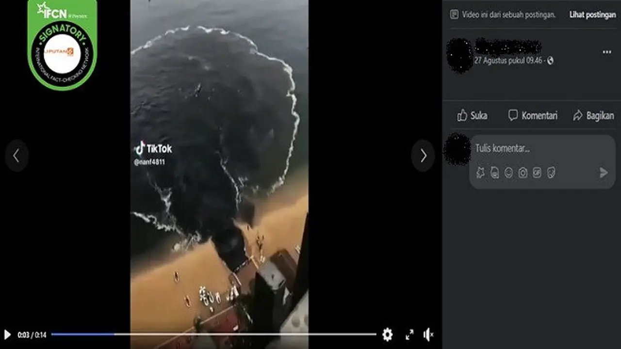Gambar tangkapan layar video yang diklaim peristiwa Jepang membuang limbah nuklir ke lautan (sumber: Facebook).