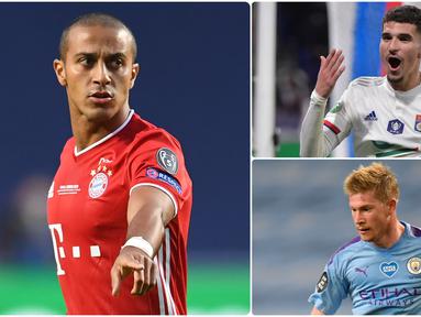 Thiago Alcantara membuktikan kualitasnya sebagai salah satu pemain tengah terbaik di Liga Champions musim ini. Thiago mampu tampil menawan saat membawa Bayern Munchen mengalahkan PSG di final Liga Champions. Berikut 5 Gelandang terbaik di Liga Champions 2019/2020. (kolase foto AFP)